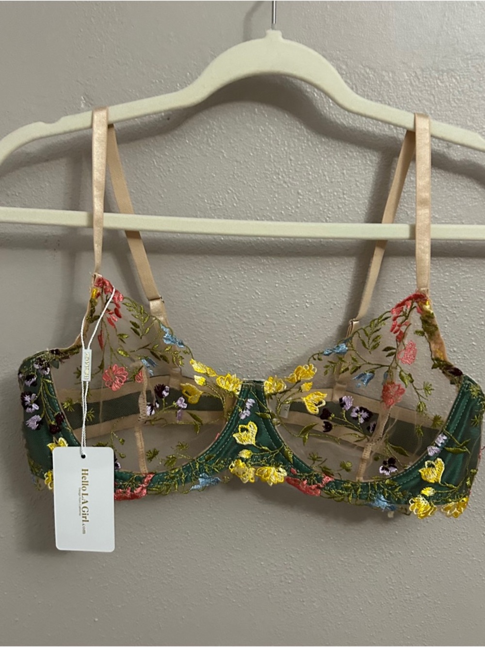 LA Girl Green Sheer Floral Embroidered Underwire Bra with Yellow Accents